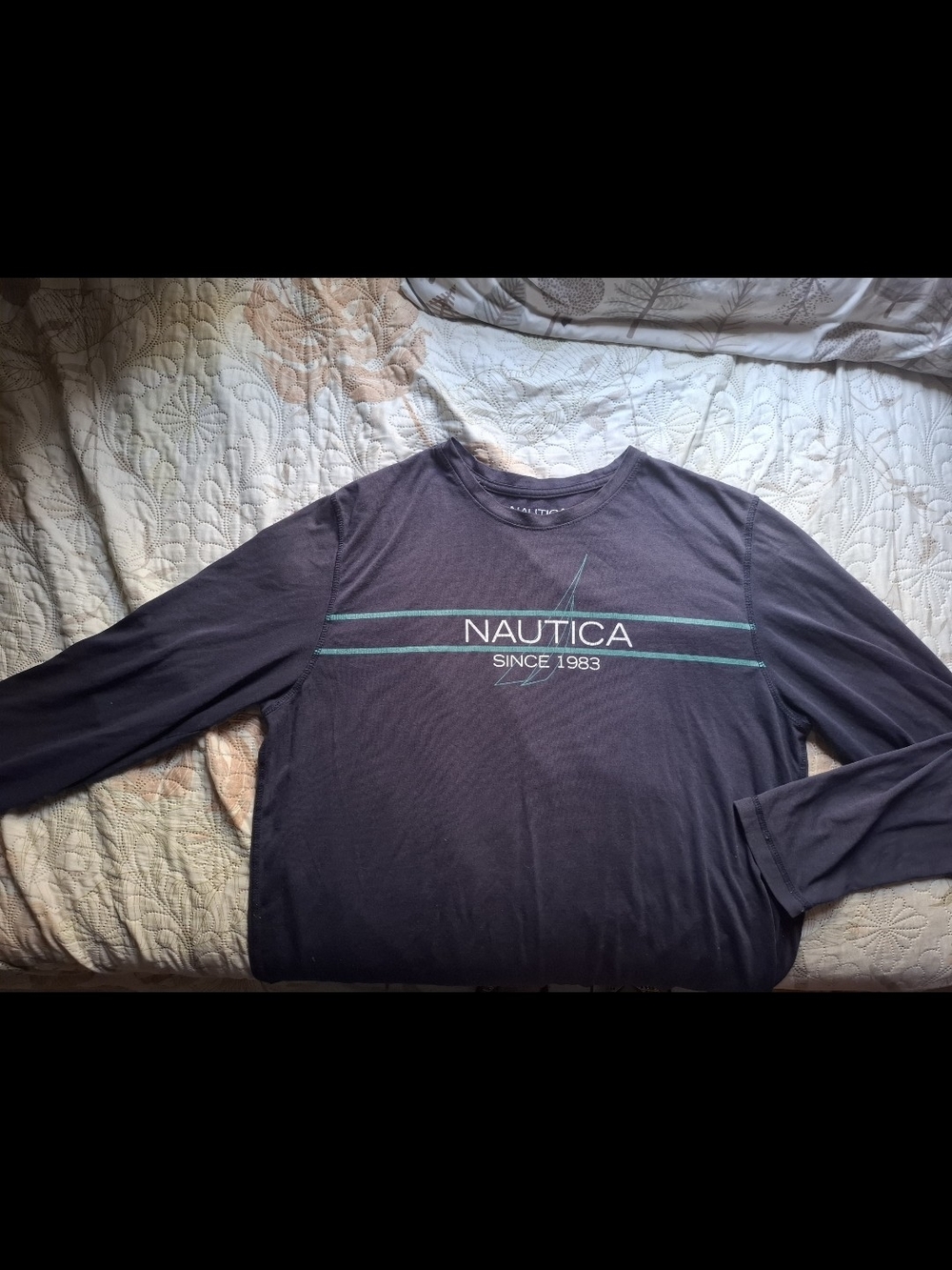 Nautica Long Sleeve Logo Tee in Navy with Teal Stripes